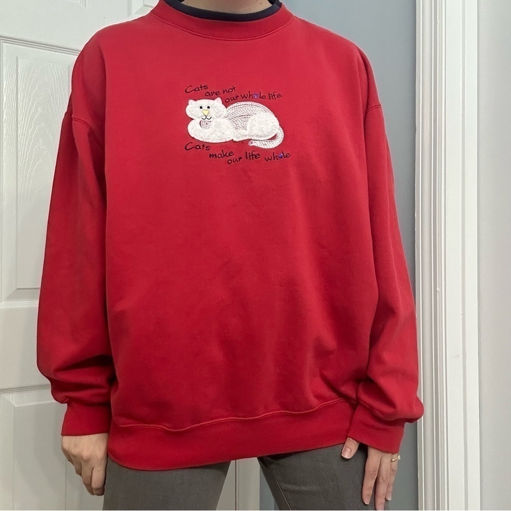 Vintage Sweatshirt Cat Grannycore Red Animal Kawaii Sweater Size Extra Large